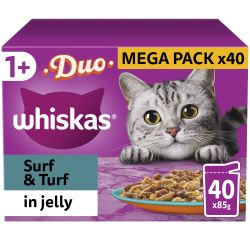 Whiskas 1+ Duo Surf and Turf Adult Wet Cat Food Pouches in Jelly 40pk, 85g