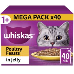 Whiskas 1+ Poultry Feasts Adult Wet Cat Food Pouches in Jelly 40pk, 85g