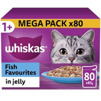 Whiskas 1+ Fish Favourites Adult Wet Cat Food Pouches in Jelly 80PK, 85g
