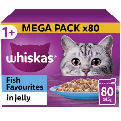 Whiskas 1+ Fish Favourites Adult Wet Cat Food Pouches in Jelly 80PK, 85g