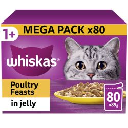 Whiskas 1+ Poultry Feasts Adult Wet Cat Food Pouches in Jelly 80PK, 85g